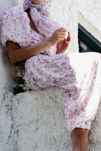 Pink White Floral Puff Sleeve Top Lantern Pants Two Piece Set image 3