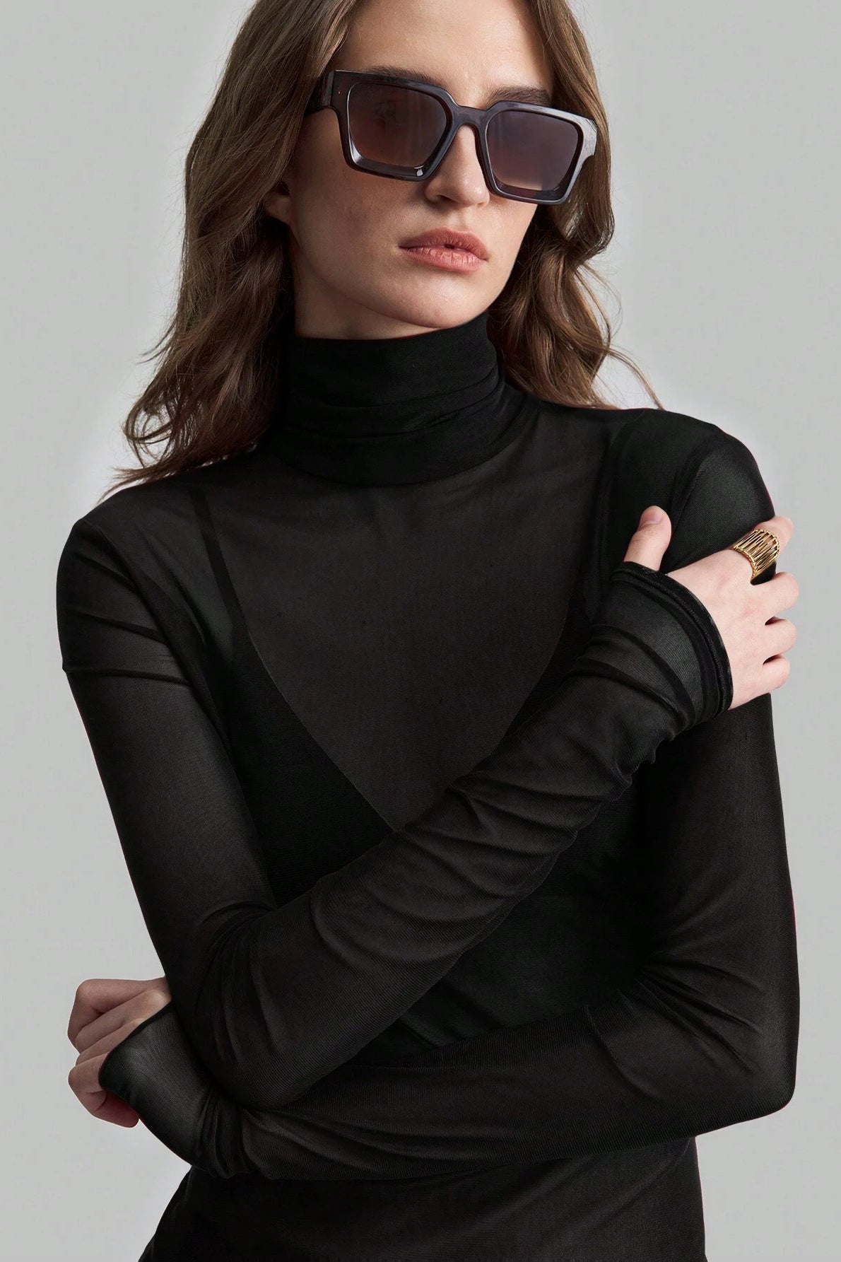 Stand Collar Solid Mesh Slim Fit Long Sleeve Tee image 6