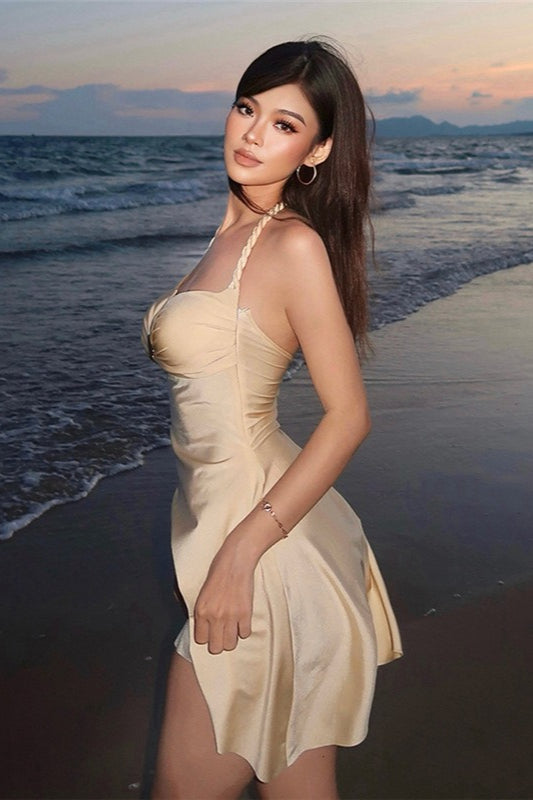Solid Sexy Halter Bandeau Waist Cinched Mini Dress image 4