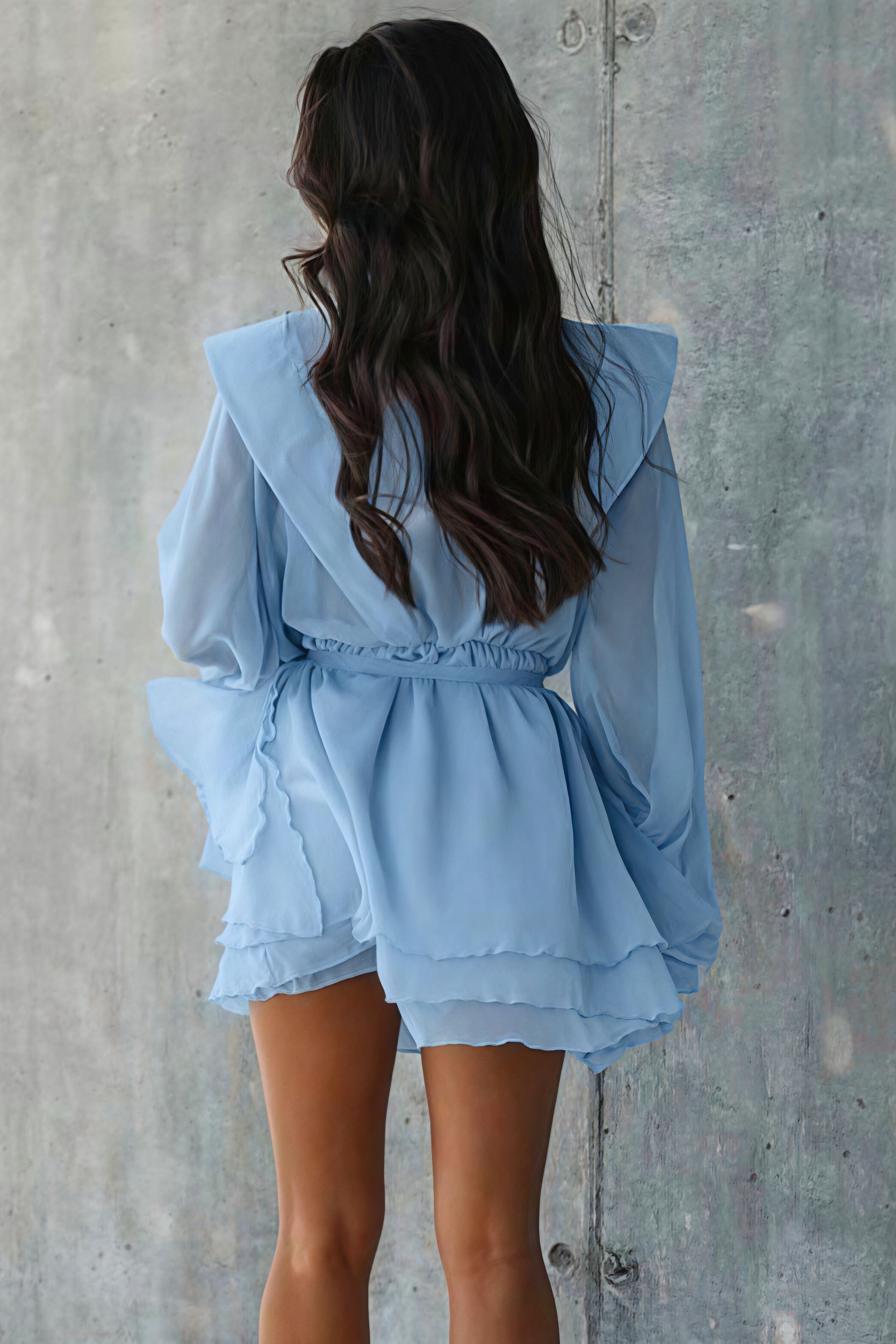 Long Sleeve Tie Mesh Sheer Tiered Mini Dress image 4