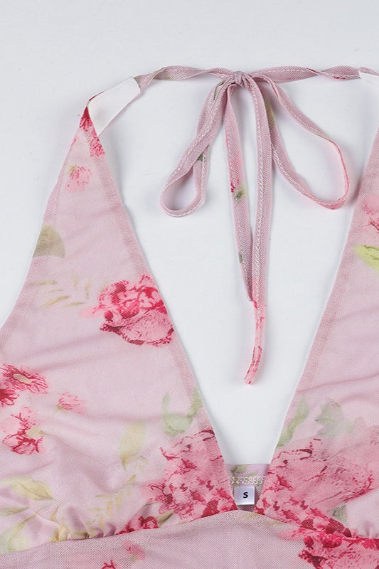 Sexy V Neck Mesh Floral Print Irregular Ruffle Halter Top image 5