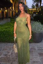Halter Tie Cutout Back Ruched Solid Bodycon Maxi Dress image 1