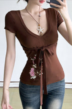 Vintage Floral Embroidery Tie Waist V Neck T-shirt image 2