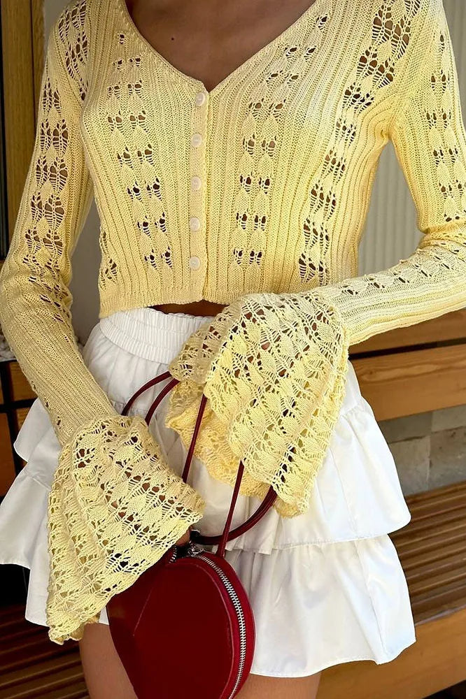 Hollow Out Knit V Neck Long Sleeve Cardigan image 16