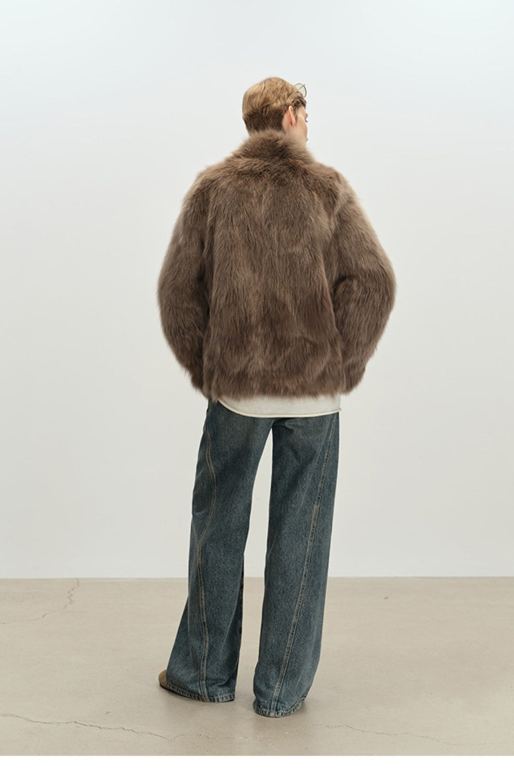 Minimalist Mid-Length Faux Fur Stand Collar Coat image 7