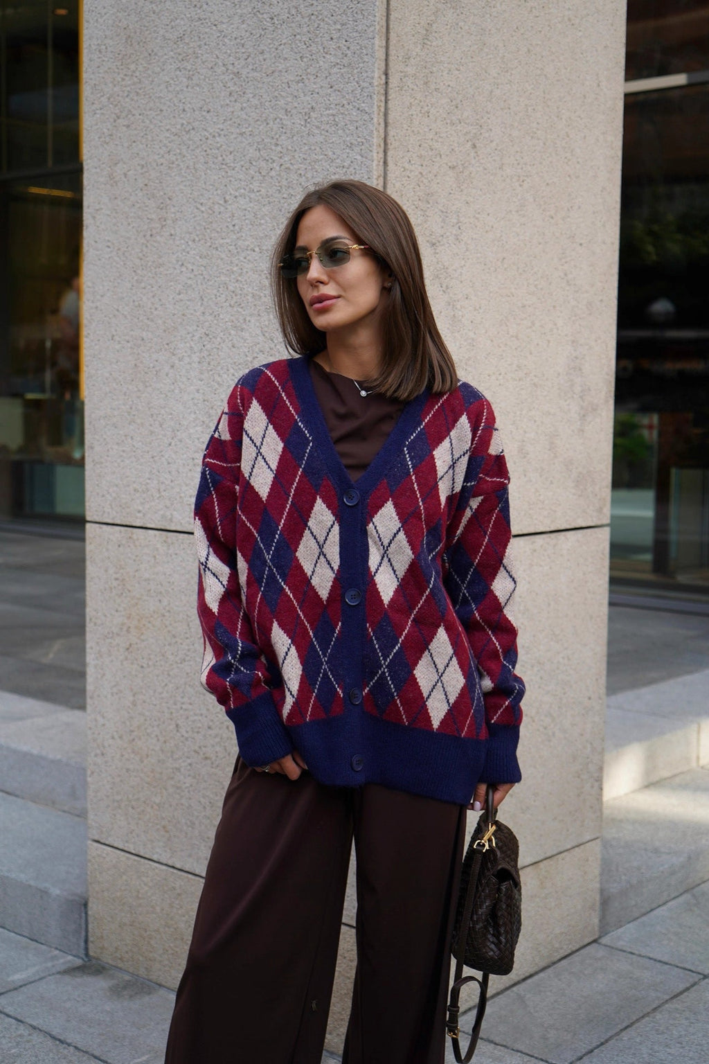 Thick Plaid V Neck Loose Long Sleeve Knit Cardigan image 4
