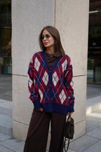 Thick Plaid V Neck Loose Long Sleeve Knit Cardigan image 4