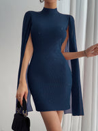Rhinestone Spliced Round Neck Slim Fit Mini Dress image 3