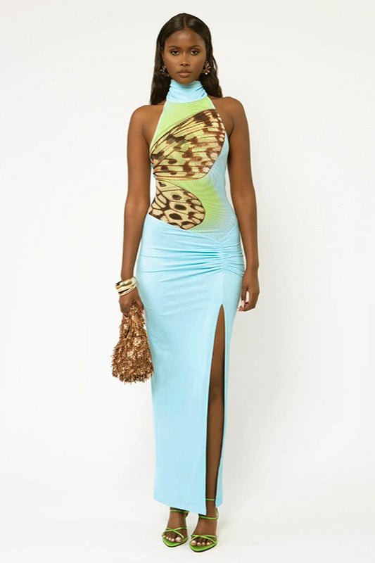 Butterfly Print Halter Backless High Slit Maxi Dress image 3