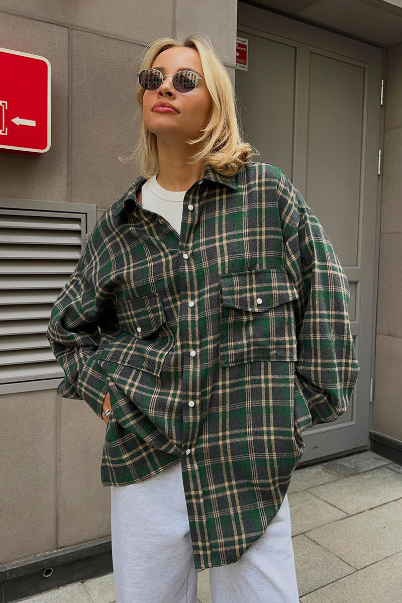 Plaid Mid Length Double Pocket Shirt Blouse image 4