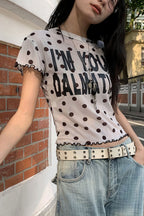 Mesh Polka Dot Letter Crop T-shirt image 4