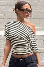 Vintage Asymmetrical Shoulder Striped Tie Waist T-shirt image 6