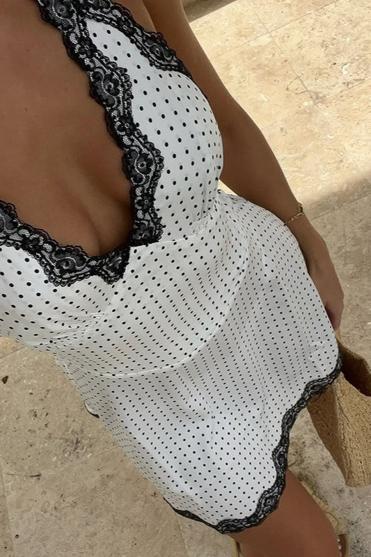 Lace-Trim V-Neck Polka Dot Halter Backless Mini Dress image 2
