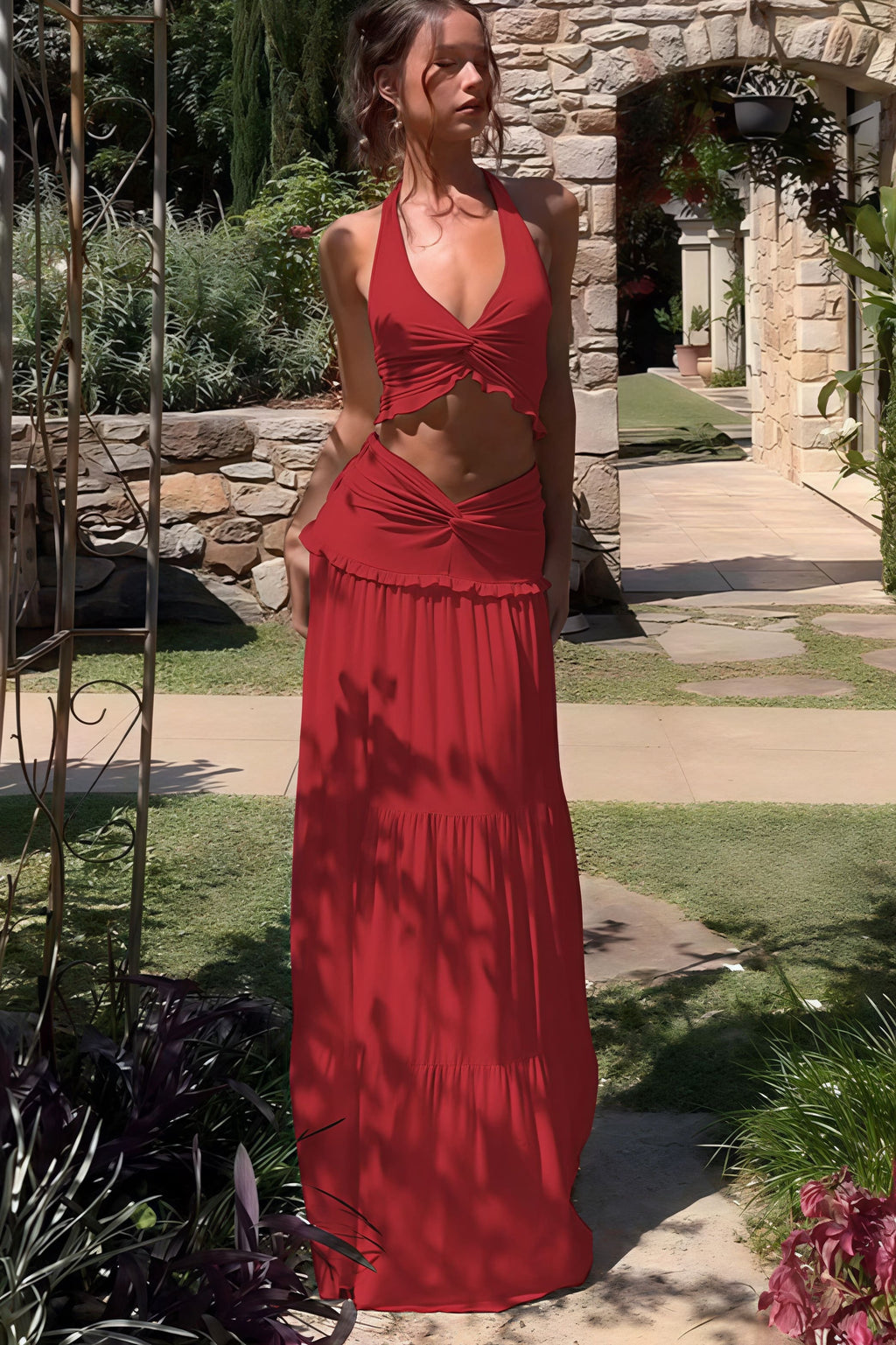 Sexy Pleated Halter Top Ruffle Maxi Skirt Set image 3