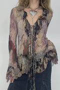 Tie Dye Mesh Ruffle Flare Sleeve Blouse image 1