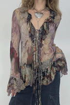 Tie Dye Mesh Ruffle Flare Sleeve Blouse image 1