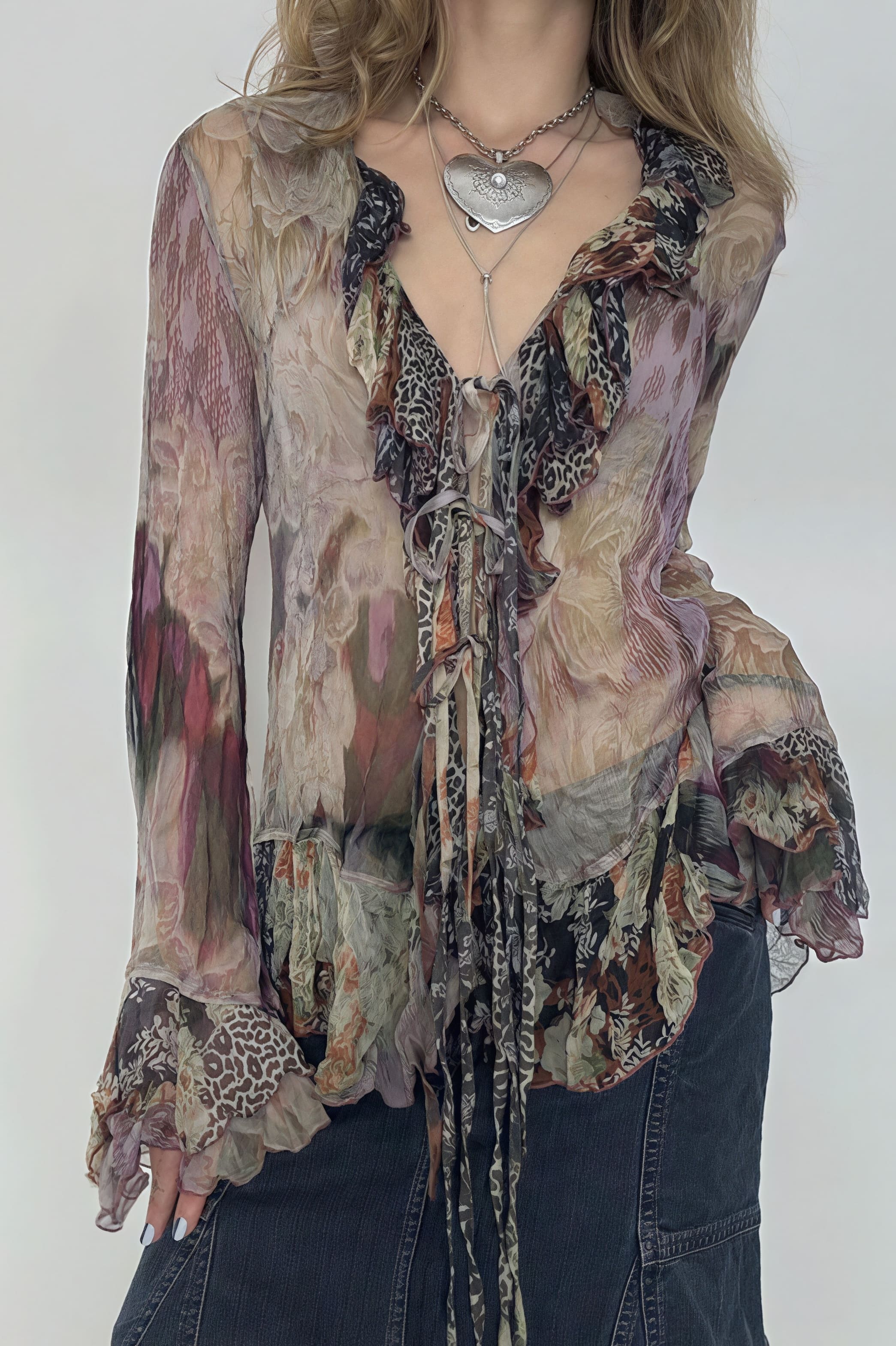 Tie Dye Mesh Ruffle Flare Sleeve Blouse image 1