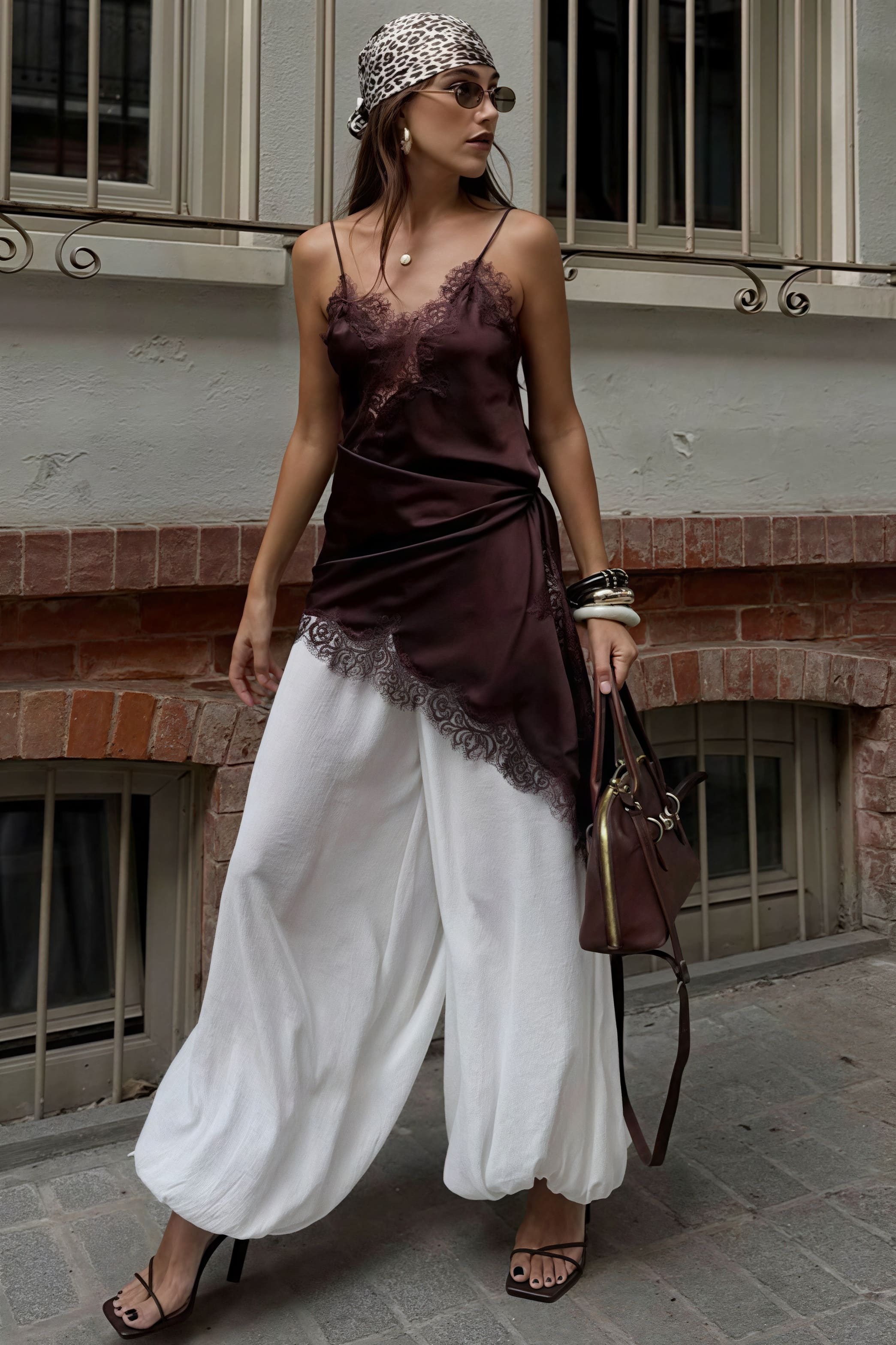 Lace Trim Patchwork Low Cut Asymmetrical Slit Cami Top image 5