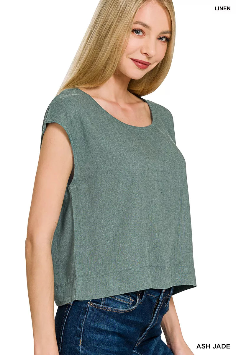 Eloise Linen Top detail view styled for Avrienne
