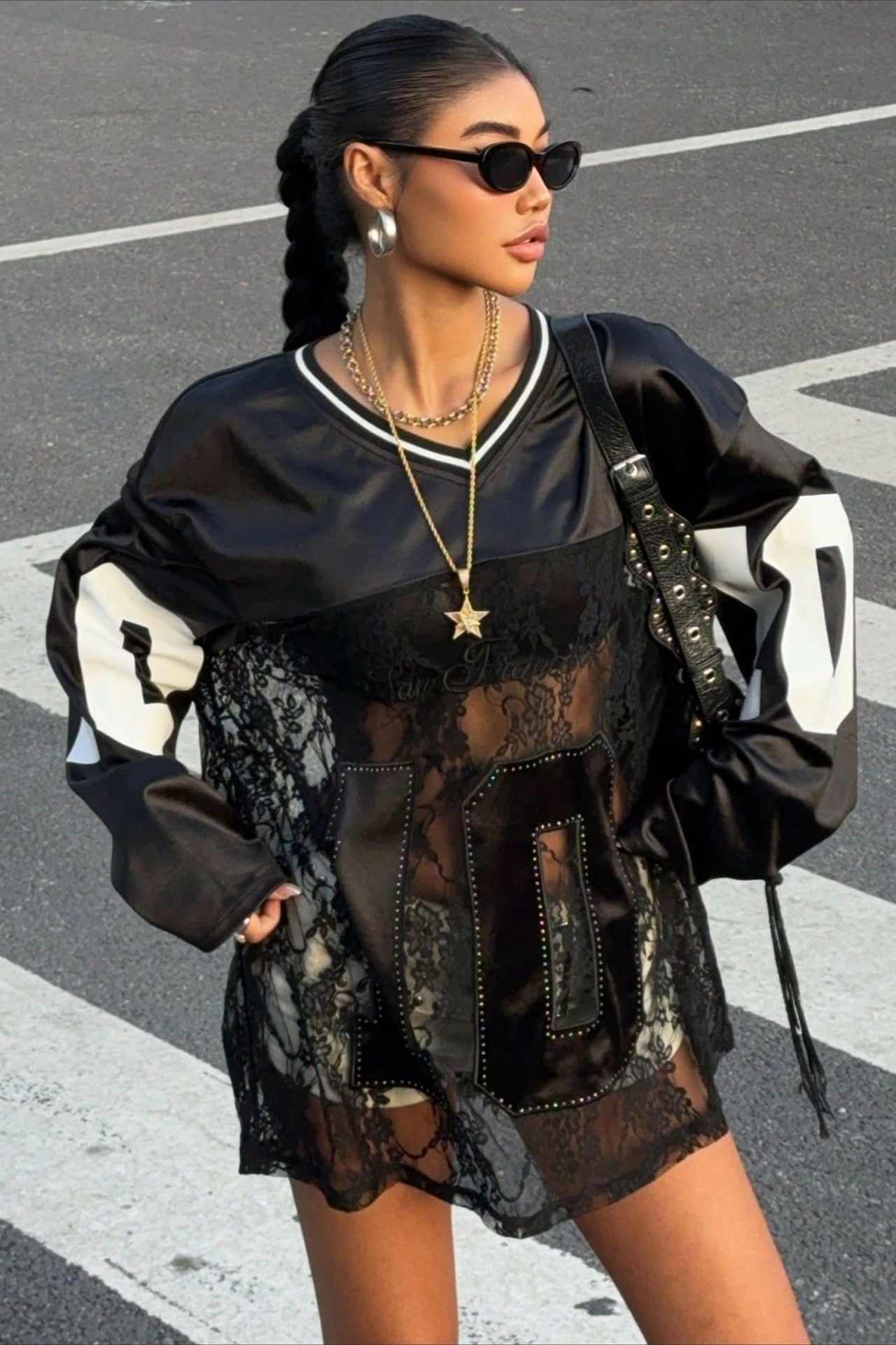 Lace Sheer V Neck Print Sweatshirt image 1