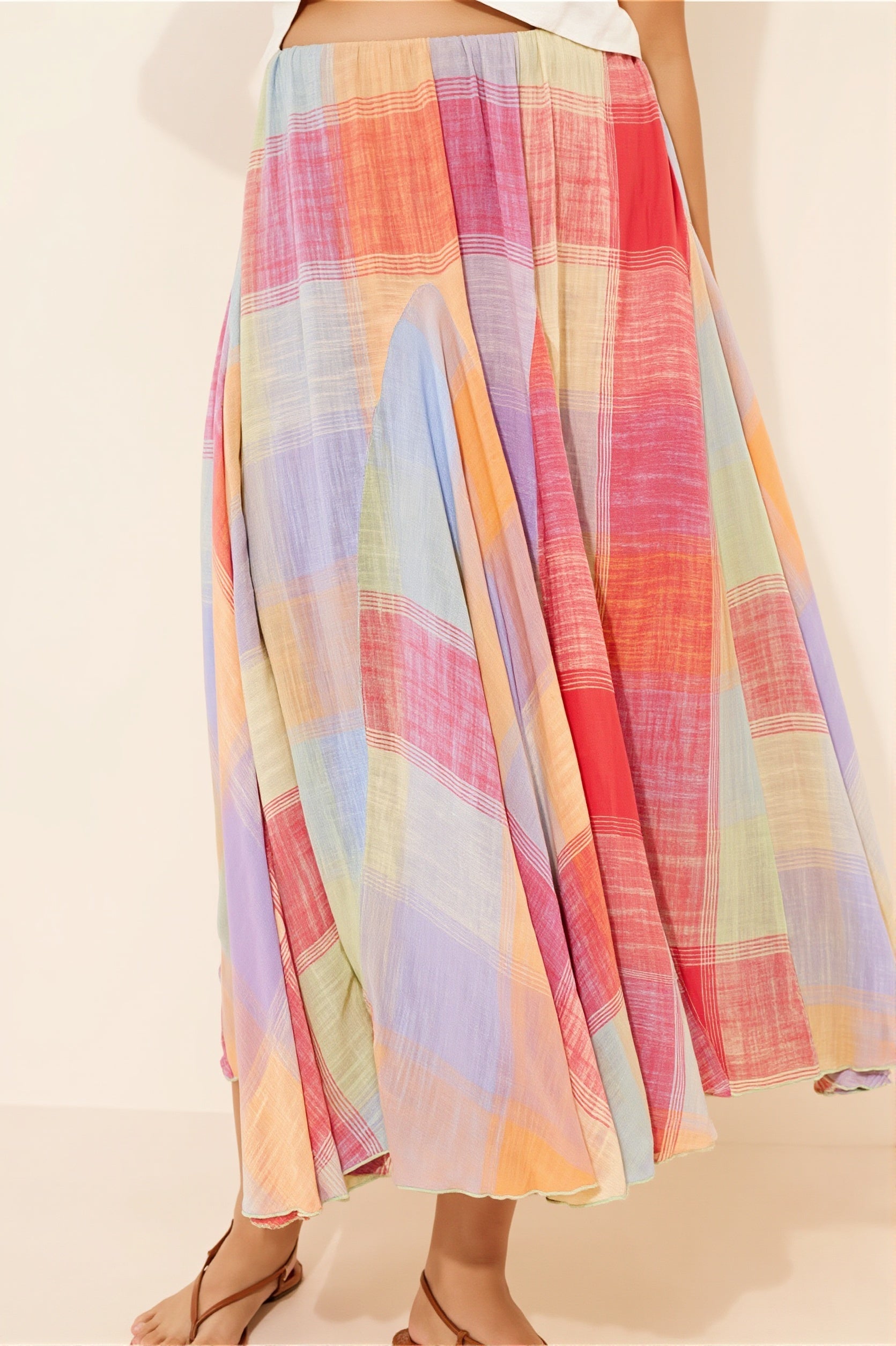 Elastic Waist Colorful Plaid Flared Maxi Skirt image 1