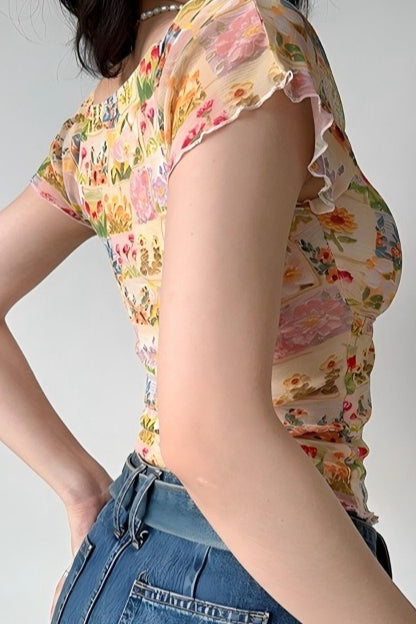 Floral Mesh Slim V Neck Tube Blouse image 6