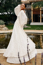 Full Flare Jacquard Ruched Puff Sleeve Backless Tie Maxi Dress image 2