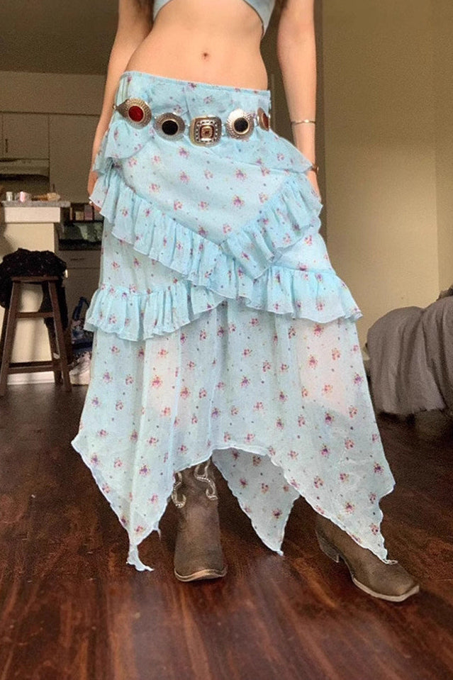 Sheer Floral Low Waist Asymmetrical Ruffle A Line Skirt image 2