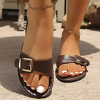 Livia Buckle Sandals detail view styled for Avrienne