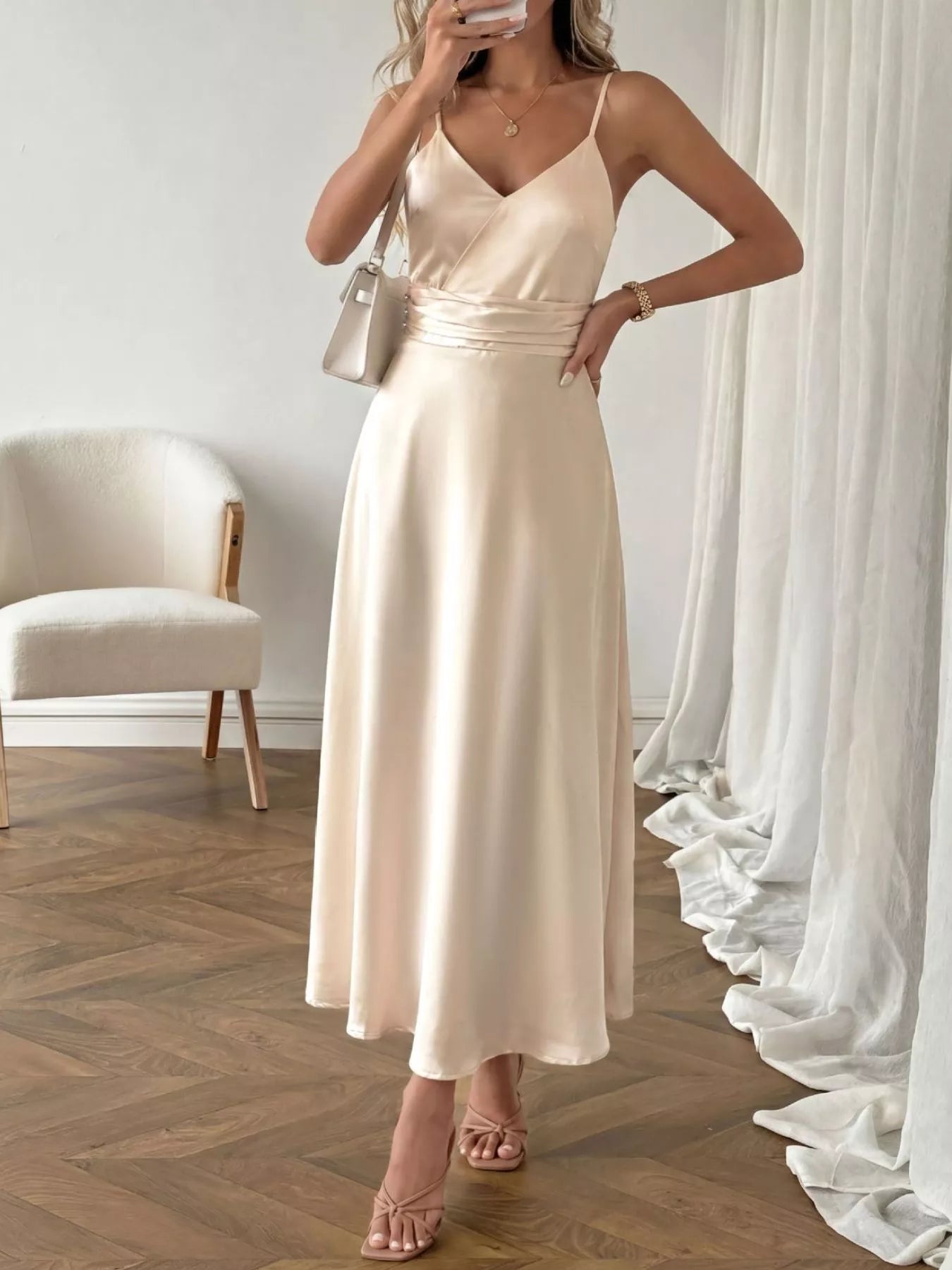 Allegra Satin Maxi Dress styled for Avrienne