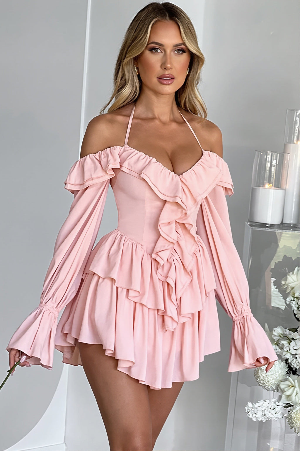 Chic Halter Neck Lace Up Ruffle Hem Romper image 2