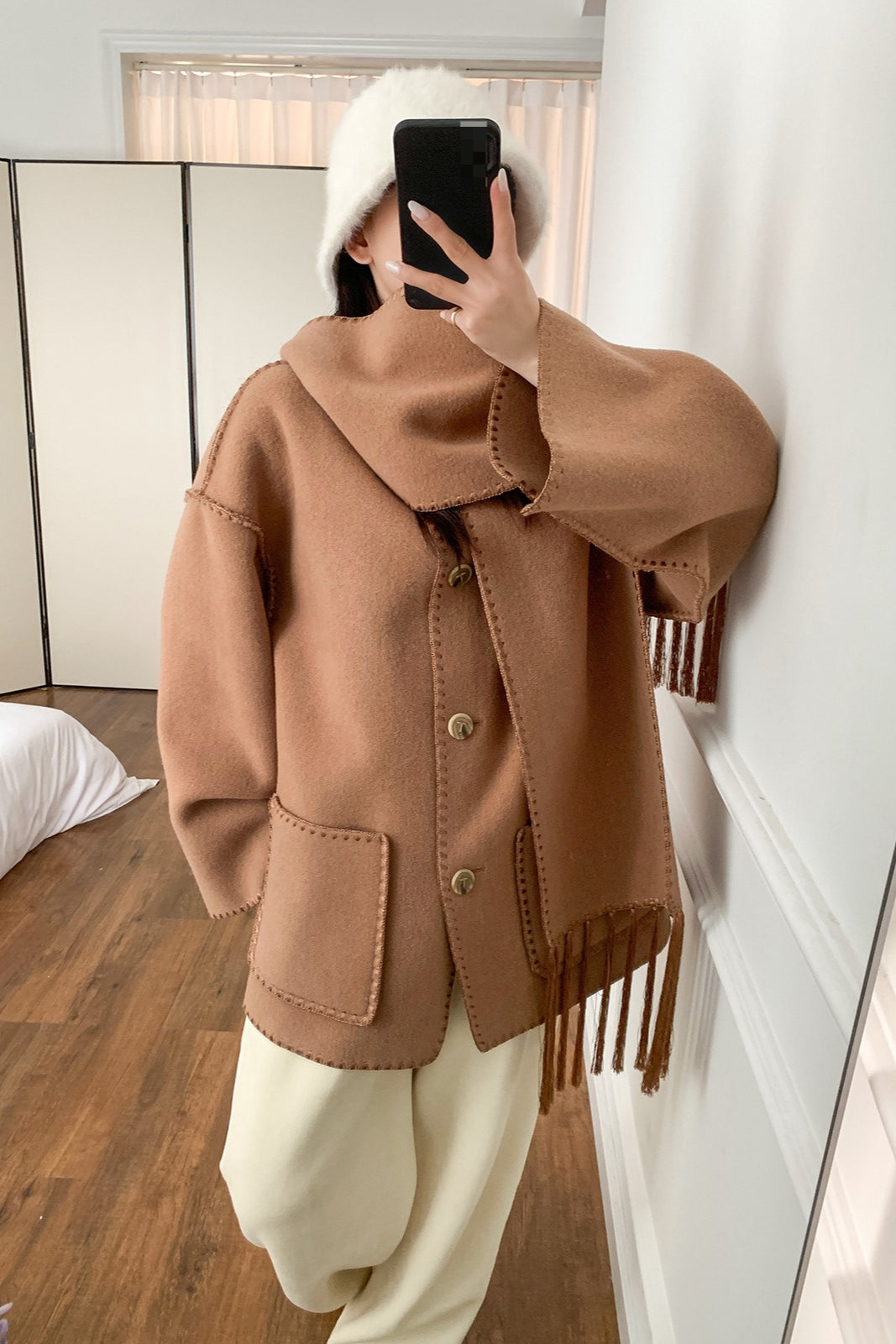 Scarf Collar Tassel Solid Wool Embroidered Coat image 5