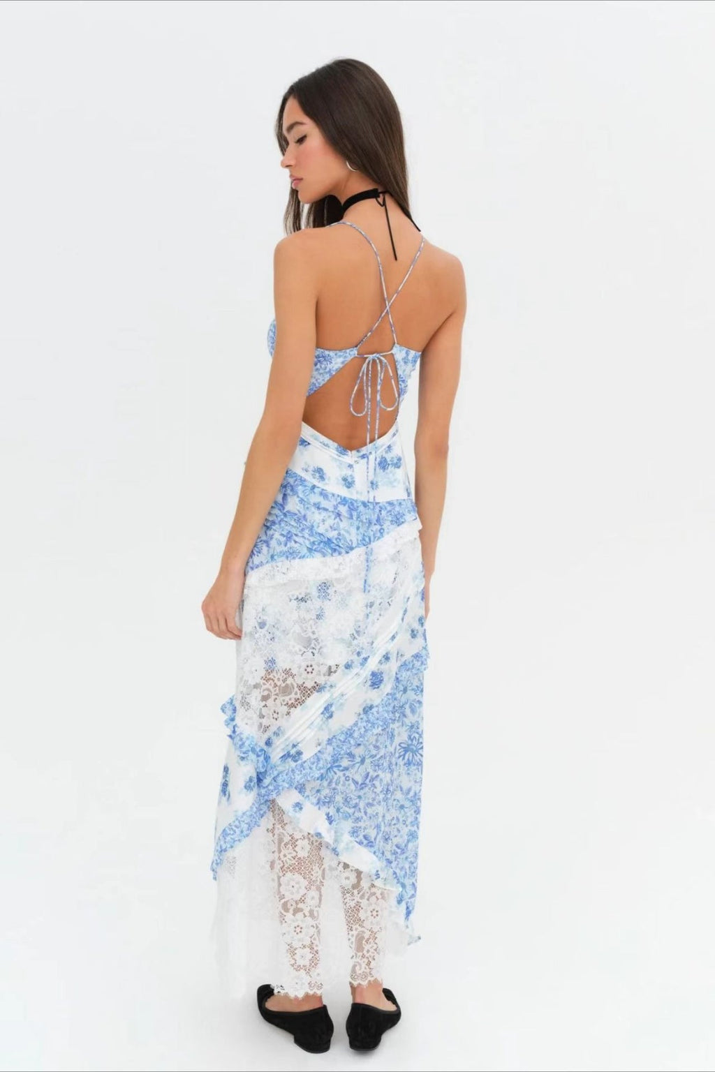 Deep V Ruffle Floral Lace Patchwork Cami Maxi Dress image 8