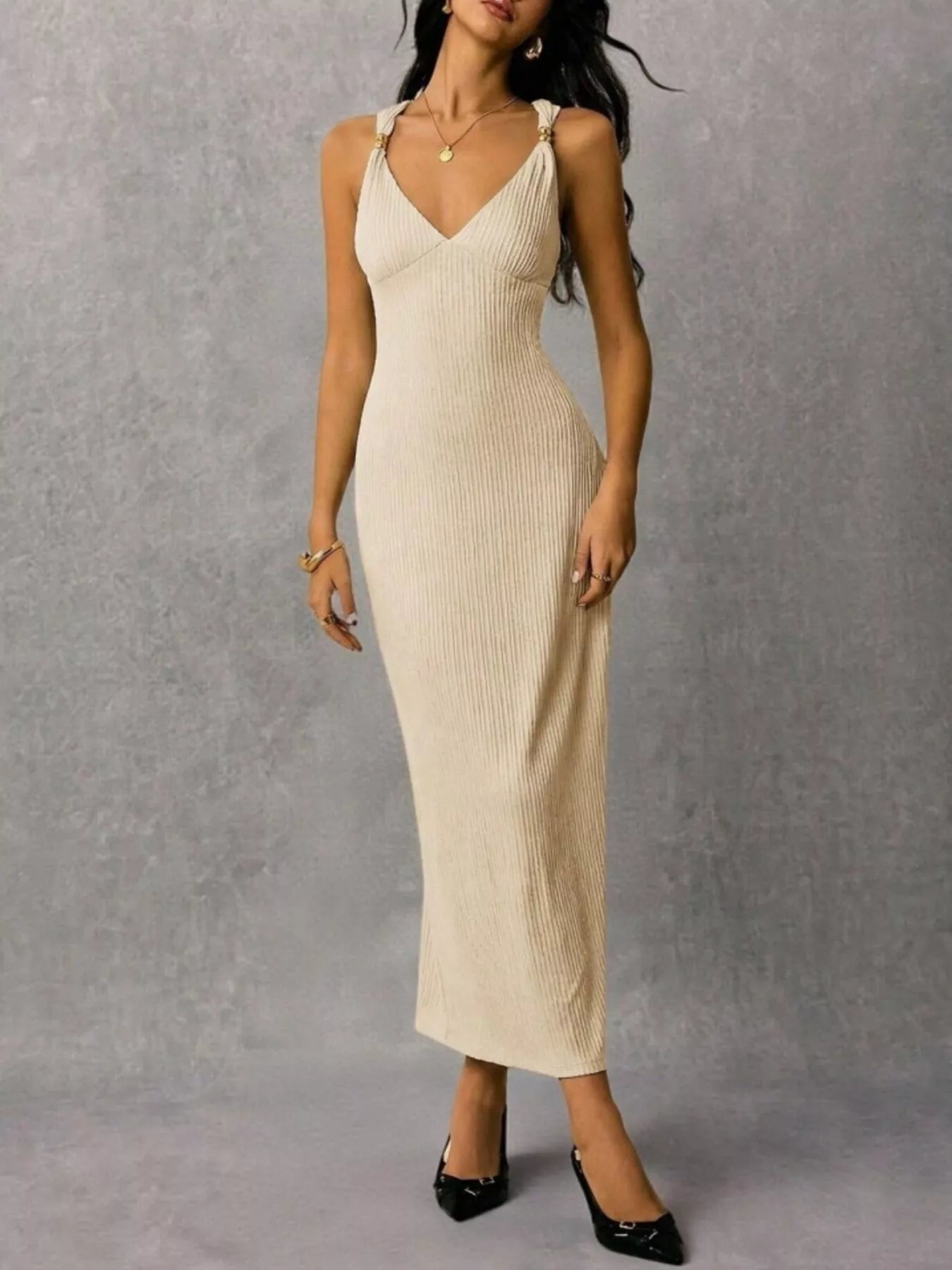 Solene Knit Midi Dress detail view styled for Avrienne