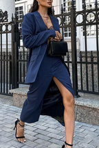 Striped Lapel Long Sleeve Blazer Slit Skirt Set image 3