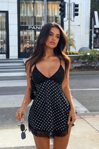Sexy Black Polka Dot Print Spaghetti Strap Backless Cinched Waist Mini Dress image 3