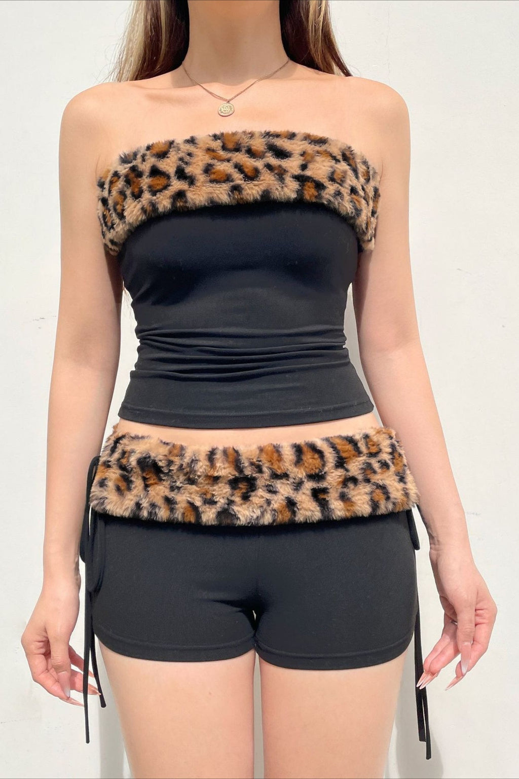 Sexy Leopard Fleece Tube Tank Drawstring Two Piece Set image 4