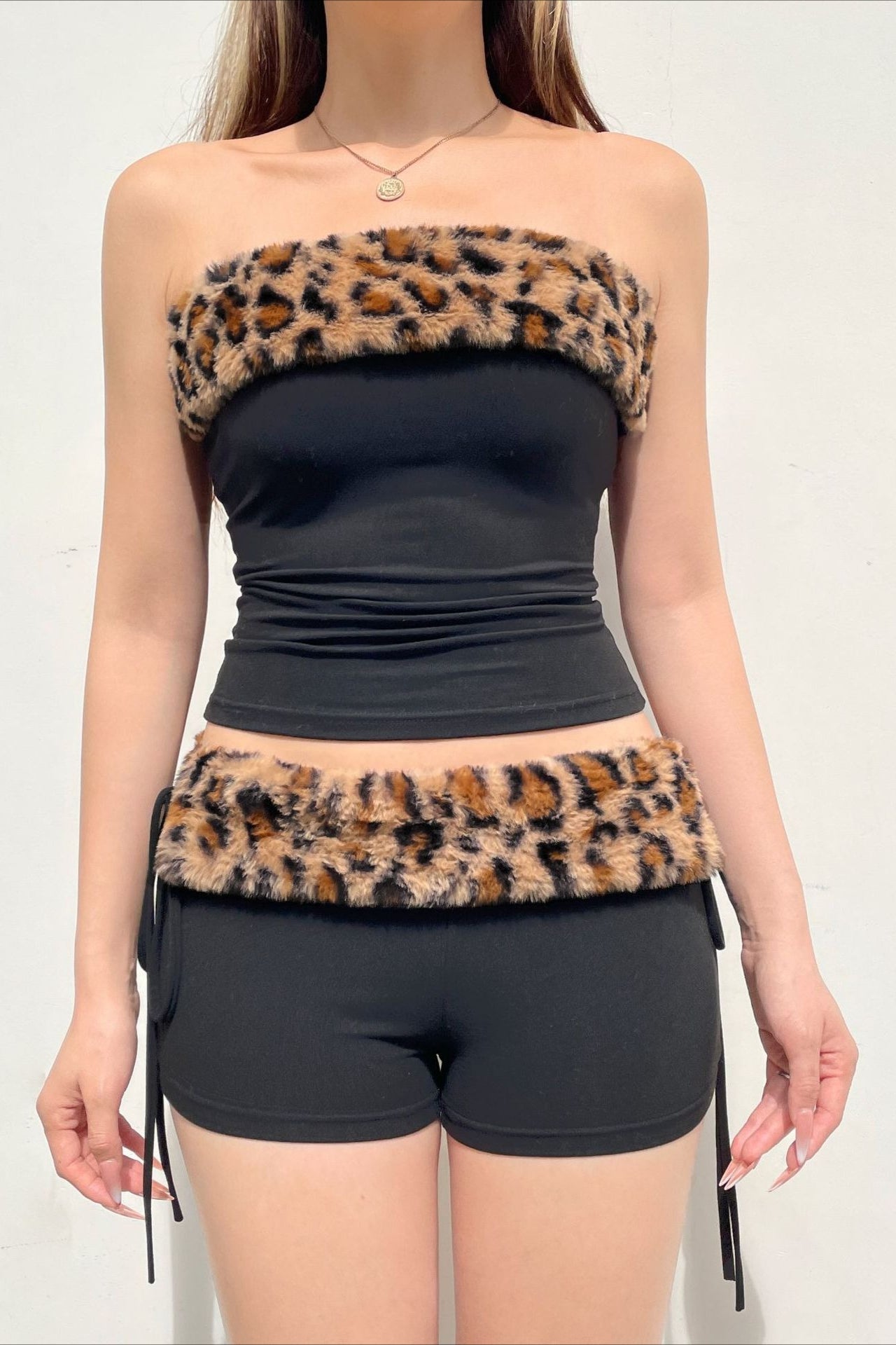 Sexy Leopard Fleece Tube Tank Drawstring Two Piece Set image 4