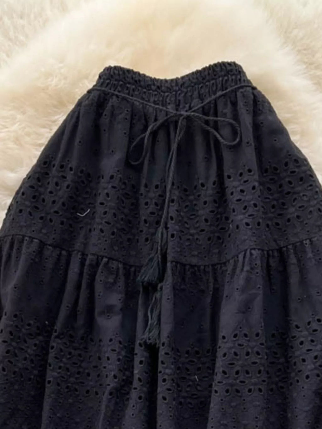 Soleil Eyelet Skirt detail view styled for Avrienne