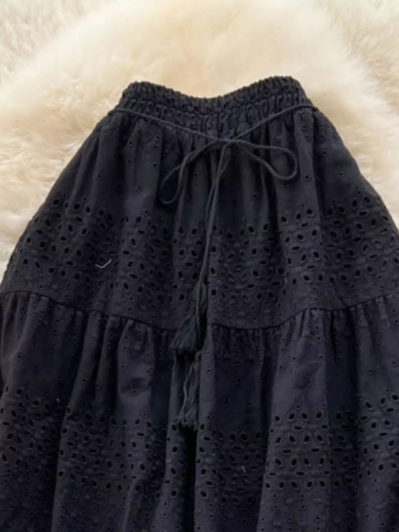 Soleil Eyelet Skirt detail view styled for Avrienne