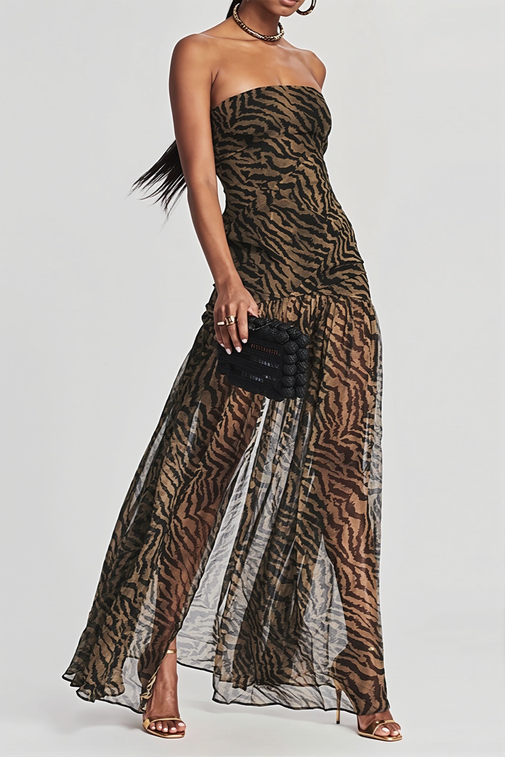 Strapless Zebra Sheer Slit Maxi Dress image 1