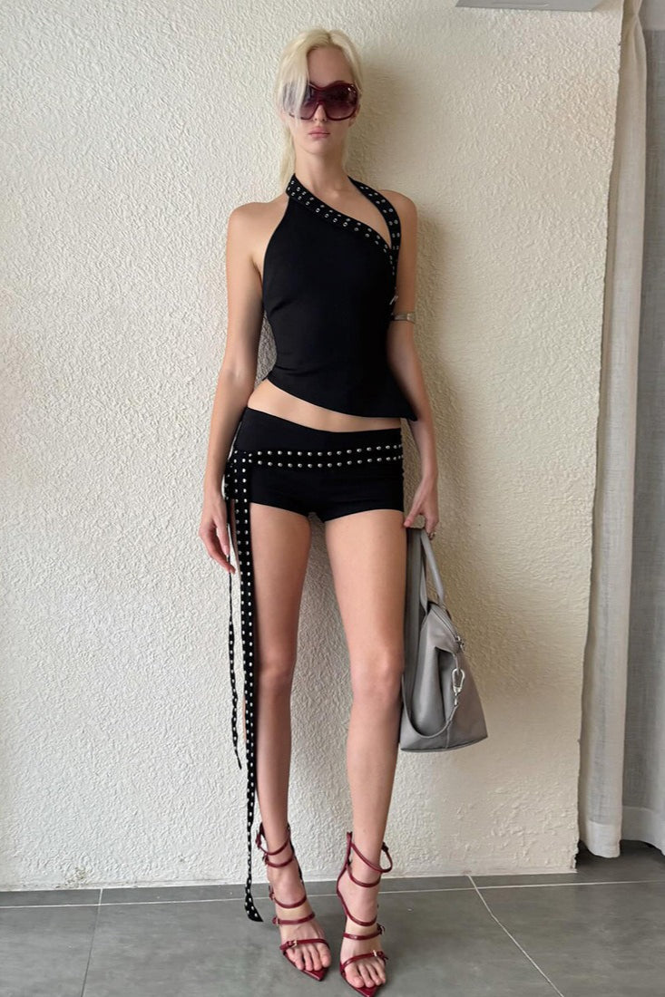 Chic Asymmetric Shoulder Slim Shorts Two Piece Set image 3