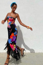 Elegant Floral Print Strapless Vacation Maxi Dress image 1