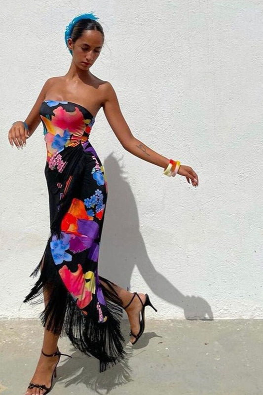 Elegant Floral Print Strapless Vacation Maxi Dress image 1