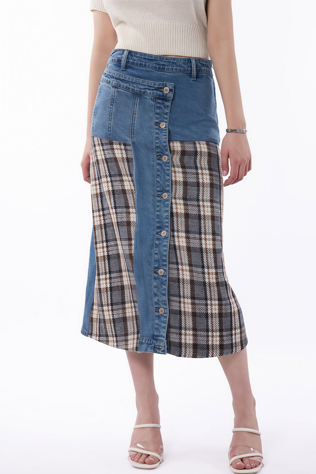 High Waist Denim Plaid Splice Skirt image 1