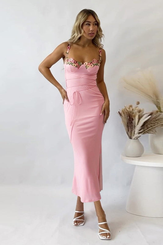 Floral Cup Detail Lace-Up Bodycon Maxi Dress image 5