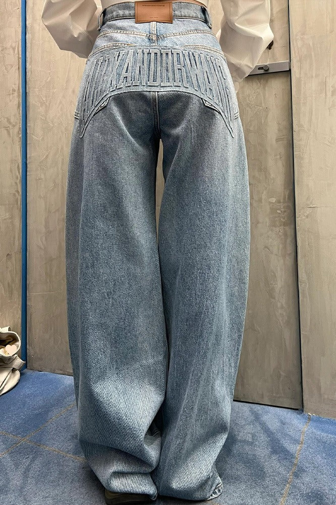 Loose Floor Length Curved Leg Washed Letter Embossed Jeans image 4