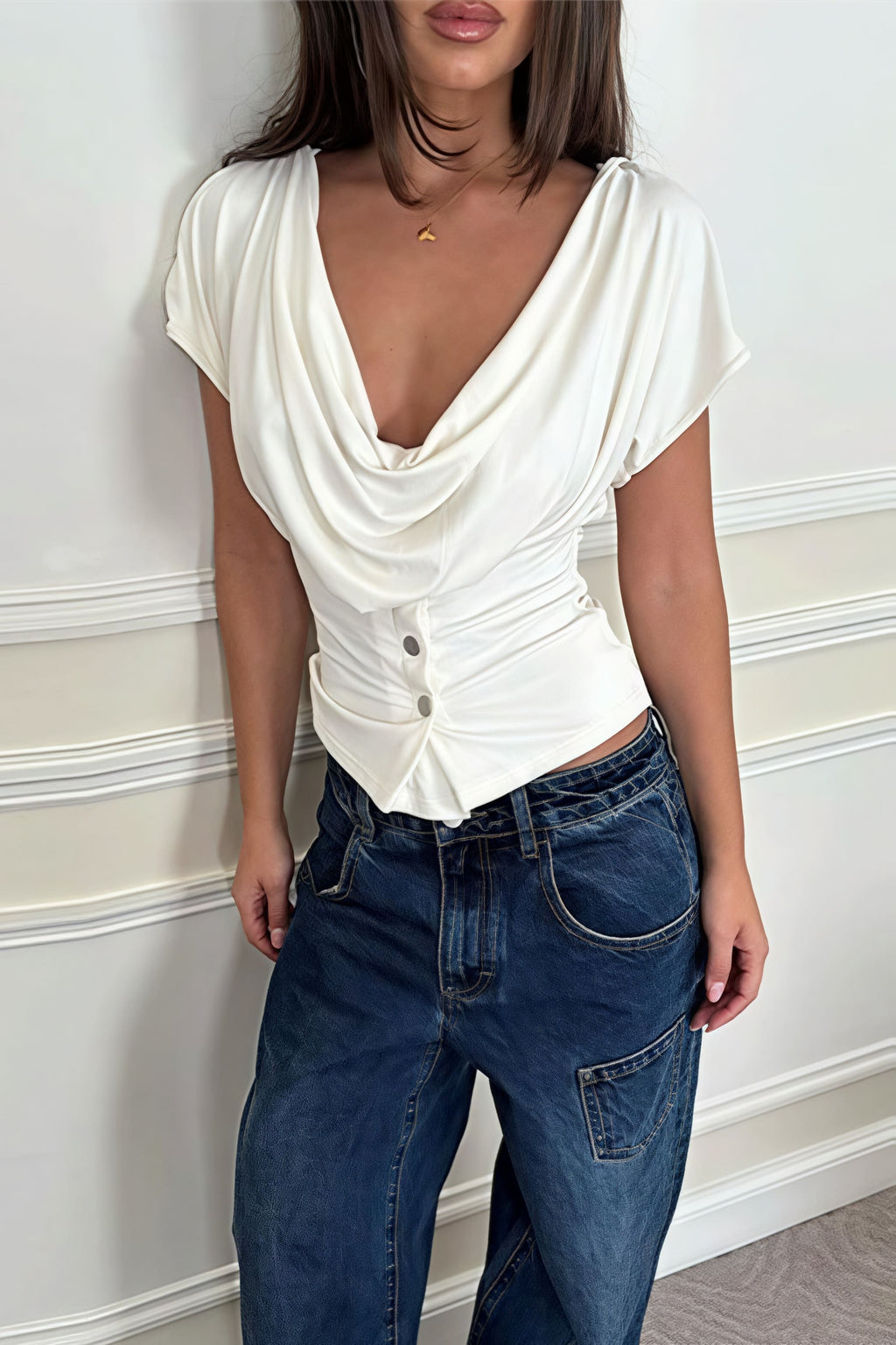 Solid Minimalist Cowl Neck Slim Short Sleeve T-shirt image 4