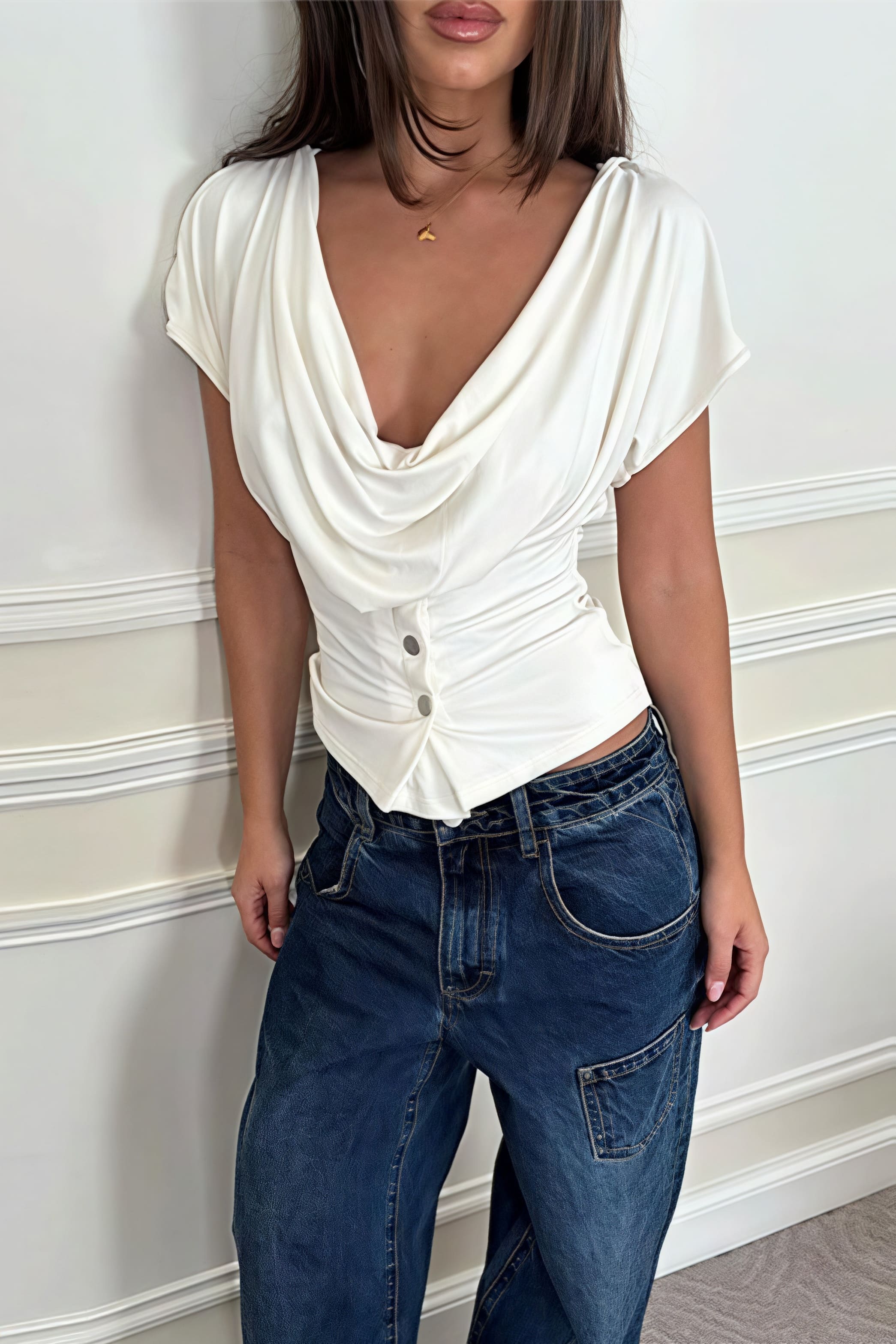 Solid Minimalist Cowl Neck Slim Short Sleeve T-shirt image 4