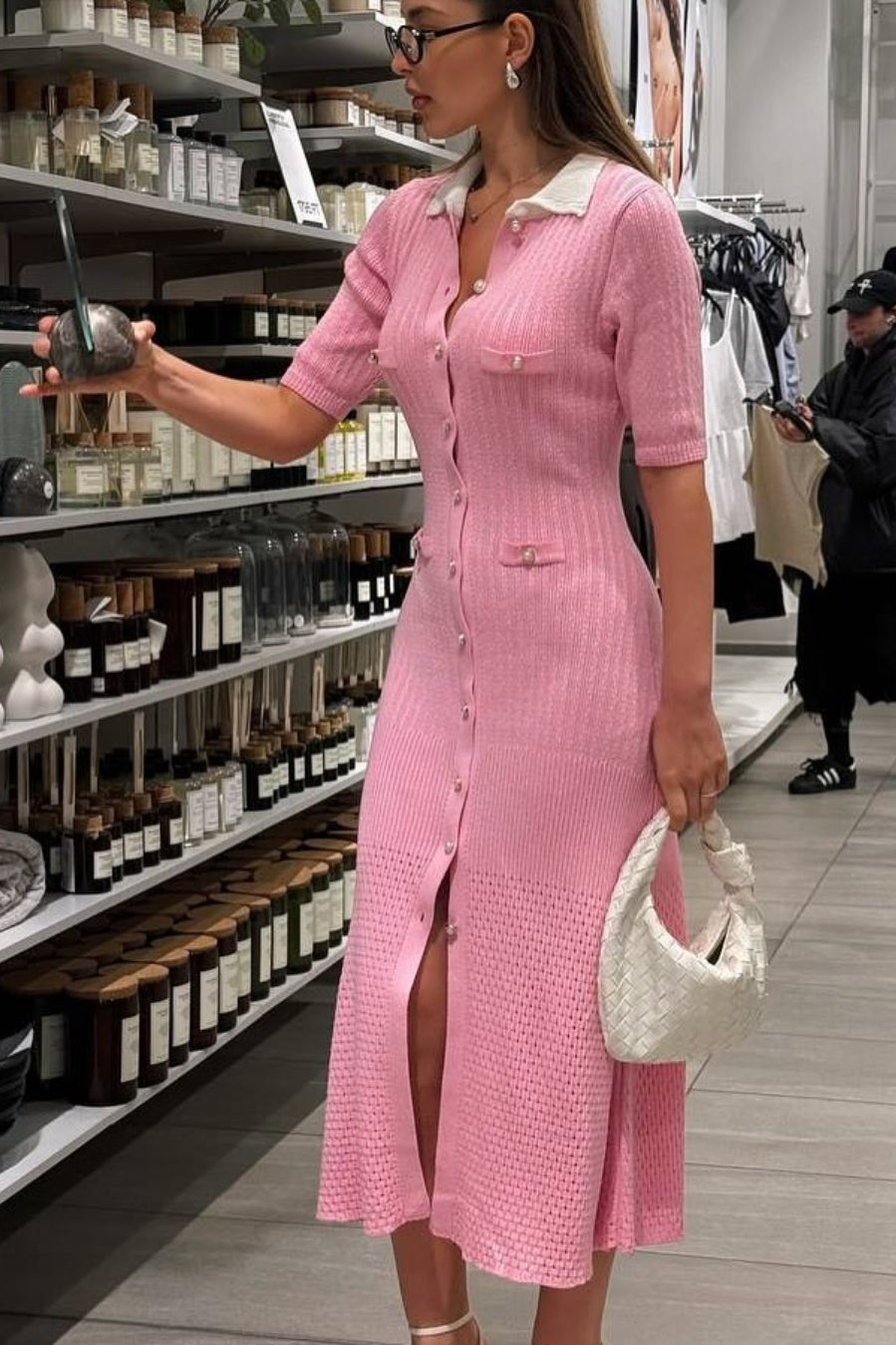 Single Breasted V Neck Knitted Slit Peter Pan Collar Midi Dress image 6
